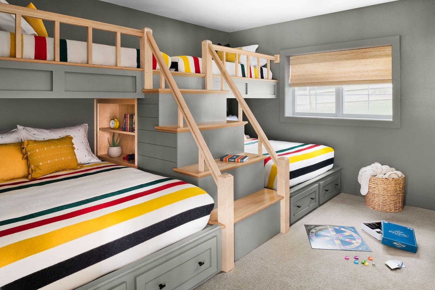 built in bunk beds in an entertainment party barn in chester county interior design by Stephanie Kraus Designs